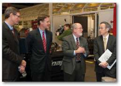 Left to right: Tom Linebarger, Cummins president and chief operating officer, Senator Evan Bayh, Dr. John Wall, Cummins vice president and chief technical officer and Dr. Stephen Chu, Secretary of the Department of Energy.