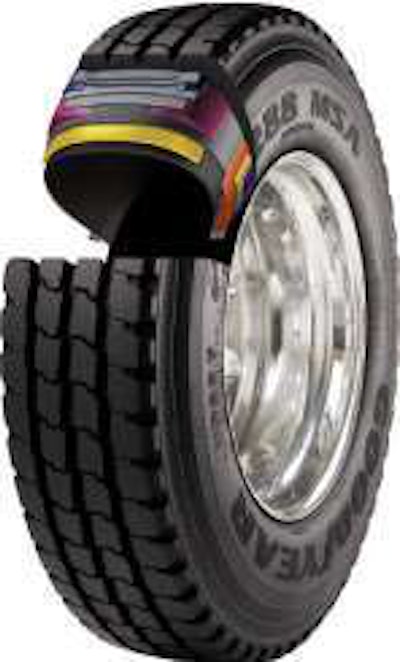 The Goodyear GS296 MSA mixed service tire has an optimized footprint for enhanced traction in steer and drive positions. It’s also available in Goodyear’s Duraseal technology (shown in the cutaway) that seals punctures up to ¼ inch in diameter in the tread area.