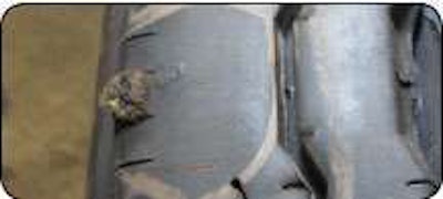 Truck tire repairs must not be done with rope type material as it cannot contain the inflation pressures for such tires. This repair was made in the shoulder of the tire, which is not fully reinforced by belts. Air leaked in around the repair and separated the cords, resulting in a potential for catastrophic failure.