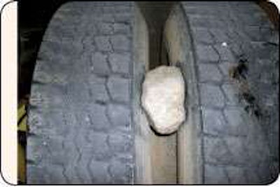 When an object gets pinched between duals, it can damage the sidewalls enough that the cords and other parts of the casing are weakened and the casing made unrepairable. A regular tire inspection program that includes removal of such foreign objects will help with this problem.