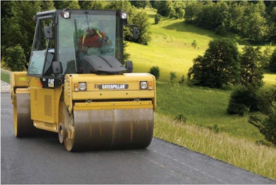 With its split-drum design and wide offset capability, the Caterpillar CD54 double-drum vibratory compactor can be both a 67-inch-wide primary roller and a 118-inch-wide finish-pass unit. The split-drum design reduces tearing and pushing of the mat, says Caterpillar.