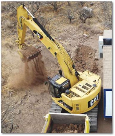 With its tail extending “only slightly” beyond the width of the tracks, the 328D LCR is Caterpillar’s largest compact radius crawler excavator. The machine competes in the 30- to 40-metric ton space, a class once way beyond the scope of short-swing escavators.