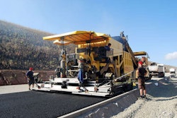 Dynapac’s Compactasphalt system places two lifts of asphalt, hot-on-hot, using a single, large, modified paver and two compacting screeds. Photo courtesy of Dynapac
