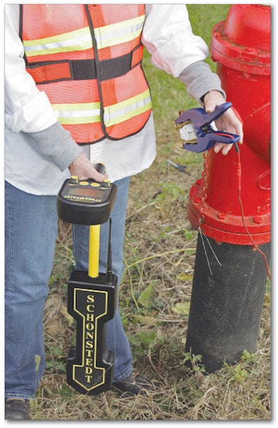 Schonstedt TraceMaster II offers several options. The top of the line model has four active frequencies, two passive frequencies and an optional sonde or cathodic frequency with a radio link to change frequencies from the receiver. The screen shows directional arrows, signal strength and depth readouts plus continuity or good connection indications. It has a practical operating depth of 10 to 15 feet and can locate utilities up to 20 feet underground. Lower cost versions offer a combination of features including four manual frequencies, single frequencies, passive frequencies only and no radio link.