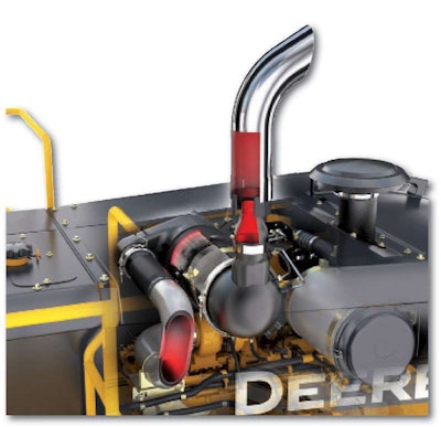 The DPF and exhaust units on many Tier 4 interim machines are packaged as one unit to save space.