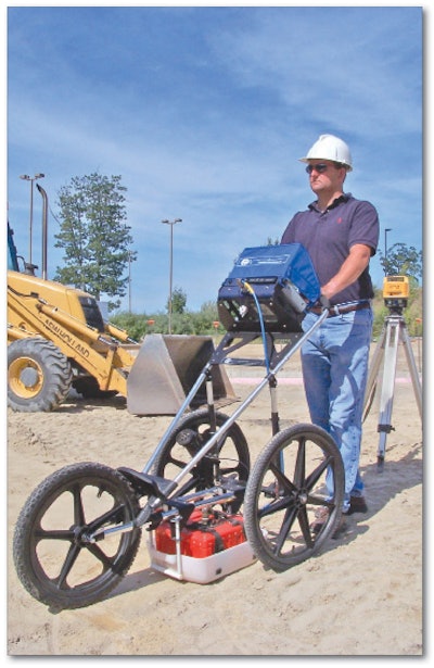 Shown here in the Standard Cart Configuration, the GSSI UtilityScan GPR system is compatible with five antennas and offers depth penetration from 10 inches to 18 feet. It sports 20-inch front and 24-inch back removable wheels and an integrated survey wheel encoder. The 8.4-inch color display features 800x600 resolution and 64K colors for clear visibility in sunlight. A Rugged Cart System is also available for harsher applications.