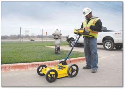 The Vermeer Interragator EZ GPR system can survey underground utilities at speeds of up to 5 mph using a 400 MHz antenna. It’s powered by 10.8-volt lithium-ion rechargeable batteries that give you 1.5 to 2 hours of service depending on conditions. The unit is sealed against inclement weather and weighs just 10 pounds for easy portability. You can choose from five selectable depth settings, and a survey wheel provides horizontal position of data.
