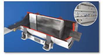 The diesel particulate filter traps soot on the porous ceramic filter material, leaving exhaust gasses clean.