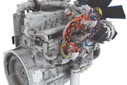 Perkins 1200 series Tier 4 Interim engines have two turbochargers as indicated by red and blue arrows for fast operator response, increased power and torque and reduced fuel consumption.
