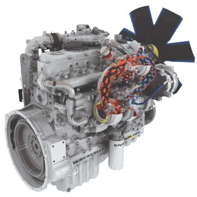Perkins 1200 series Tier 4 Interim engines have two turbochargers as indicated by red and blue arrows for fast operator response, increased power and torque and reduced fuel consumption.
