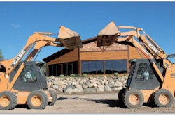 Case is among the equipment manufacturers offering vertical- and radial-lift models in the larger skid-steer market. Both models have 83 net horsepower: the vertical-lift 465 Series at left has a rated operating load of 3,000 pounds and the radial-lift 450 Series 3 is rated at 2,450 pounds.