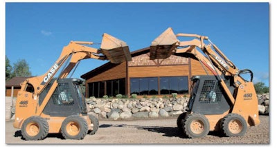 Case is among the equipment manufacturers offering vertical- and radial-lift models in the larger skid-steer market. Both models have 83 net horsepower: the vertical-lift 465 Series at left has a rated operating load of 3,000 pounds and the radial-lift 450 Series 3 is rated at 2,450 pounds.