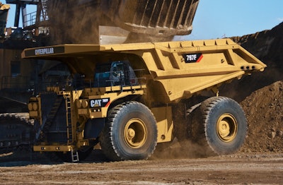 Cat 797 F Left Front Shovel Loading Close Crop