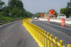 A lane separation system is guiding more than 6,000 vehicles every day through the changing traffic patterns along Tyburn Road in Falls Township, Bucks County, Pa.