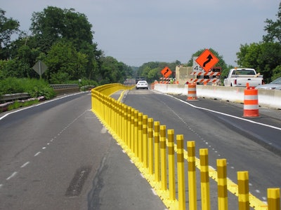 A lane separation system is guiding more than 6,000 vehicles every day through the changing traffic patterns along Tyburn Road in Falls Township, Bucks County, Pa.