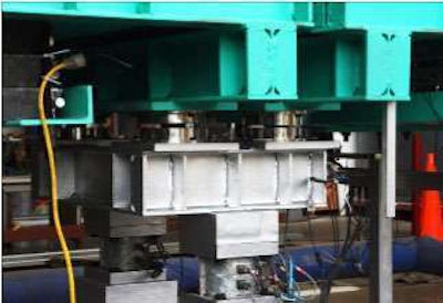 At a University of California-Berkeley demo, (top) triple pendulum isolators (twin stainless steel facing concave devices with ‘pendulum’) above the bridge column bents allow the bridge superstructure to move with a seismic event.