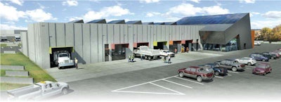 The sawtooth roof profile of this Central Platte maintenance facility orients solar panels at the optimum angle for sunlight and admits northern light into the shop bays for low cost illumination.