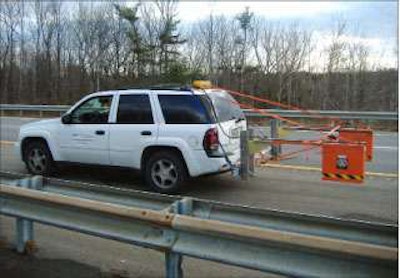 Survey vehicle collects subsurface bridge deck data at normal driving speed without requiring lane closures. The system includes dual 1 GHz air coupled horn antennas, and an electronic distance-measuring instrument providing position data as the GPR data is collected. After collection, the data are analyzed for deck deterioration according to ASTM D6087-08 using proprietary software.