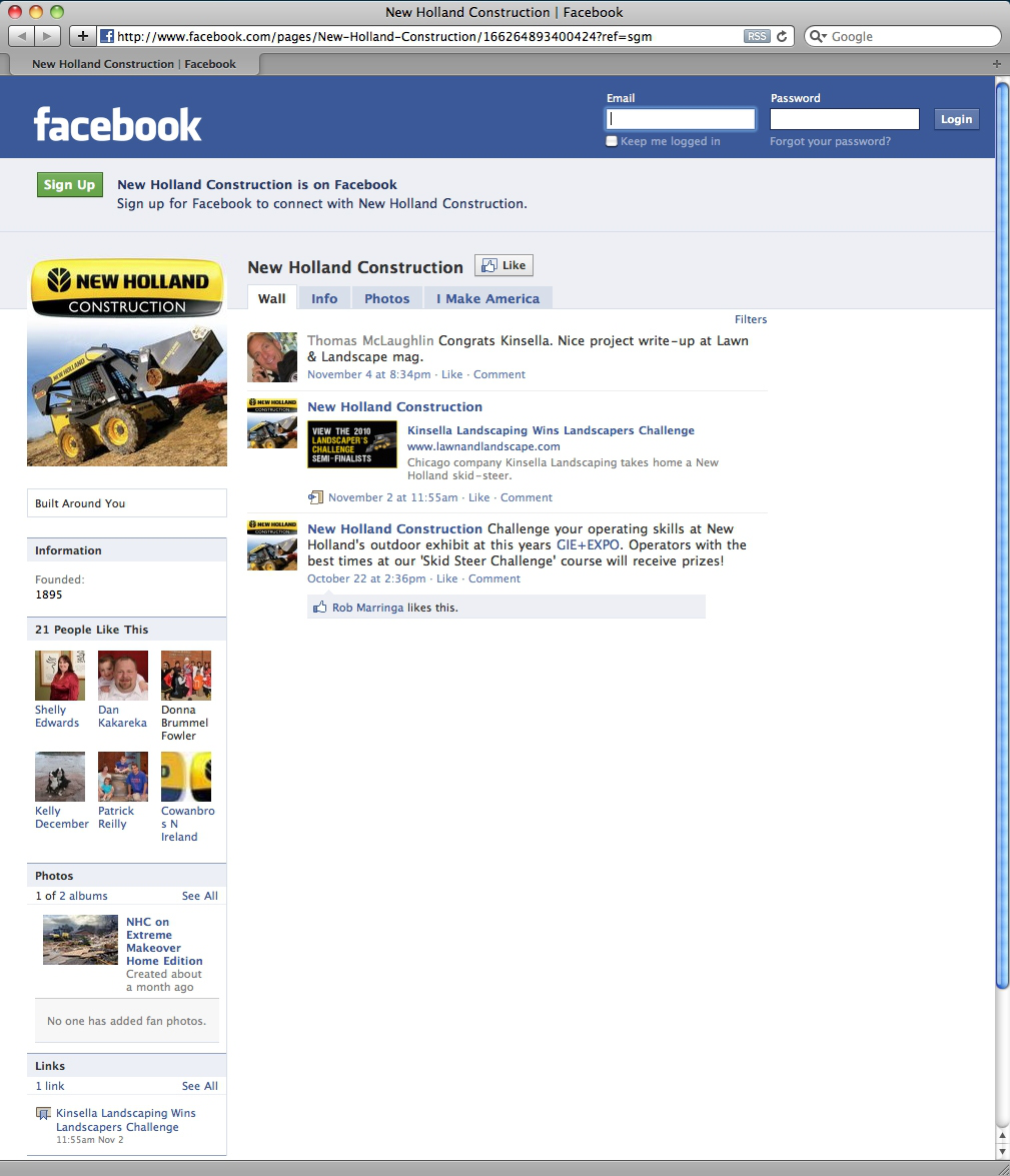 New Holland Facebook fan page screen shot
