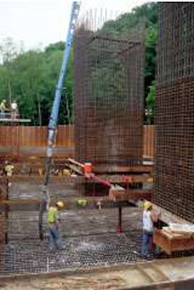 GGBF slag cement – in a 70 percent substitution for Type II portland cement – is being used to lower the heat of hydration in a 2,600-cubic yard mass pour for a pier footing for the Phase 1 extension of Page Avenue in St. Louis County.