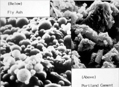 Relative appearance of fly ash and portland cement in micrographs.