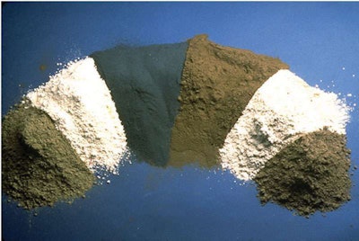 Supplementary cementitious materials (SCMs) (top) for ternary or quaternary concrete mixes. From left to right, fly ash (Class C), metakaolin (calcined clay), silica fume, fly ash (Class F), slag, and calcined shale.