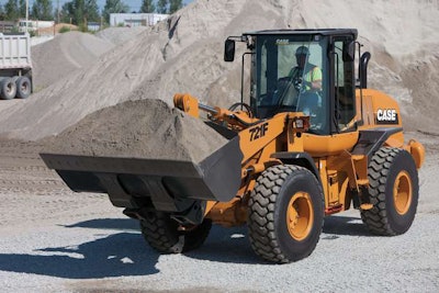 The Case 721F wheel loader, pictured with a full bucket, is part of the company's new F Series that was introduced during 2011 World of Concrete in Las Vegas