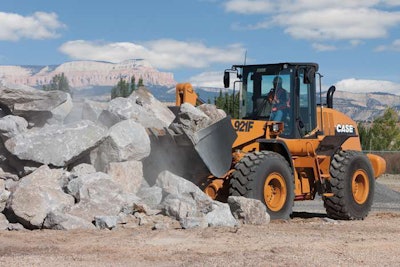 The Case 921F wheel loader from the new F Series loading rock
