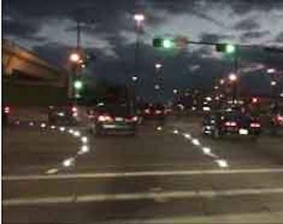 At night, lighted pavement markers provide positive guidance to drivers in the three adjacent left-turn lanes, reducing errors and lane-keeping violations.