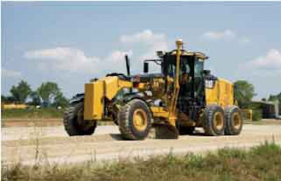 A new Cat 160M2 motor grader preps the subbase prior to base placement.