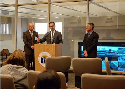 At a March press conference at the Las Vegas-area FAST Traffic Management Center of the Regional Transportation Commission of Southern Nevada, Rudy Malfabon, deputy director, Nevada Department of Transportation, discusses the highway funding needs of the state, flanked by Jacob Snow, RTCSN general manager, and Frank Moretti, director of policy and research for TRIP, The Road Information Program.