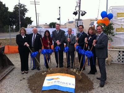 Officials gather to break ground on the O.C. Bridges Program. From left, OCTA Director and Orange Mayor Carolyn Cavecche, OCTA Director and Third District Supervisor Bill Campbell, OCTA Director and Anaheim Councilmember Lorri Galloway, Placentia City Manager Troy Butzlaff, OCTA CEO Will Kempton, Placentia Councilmember Jeremy Yamaguchi, OCTA Chair and Fifth District Supervisor Patricia Bates, Placentia Mayor Scott Nelson.
