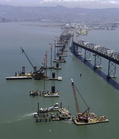The bridge foundation pier and 17 support towers were erected as part of the San Francisco-Oakland Bay Bridge's self-anchored suspension structure.