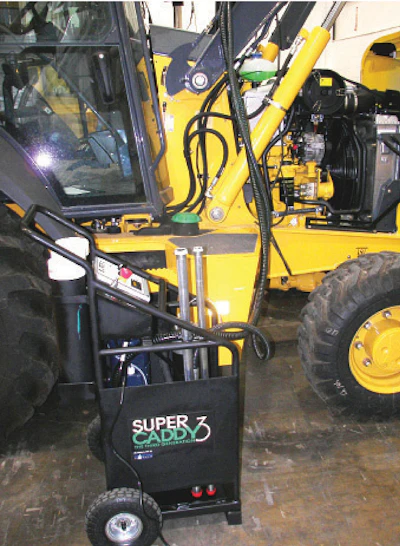 Filtration caddies can clean and recirculate hydraulic fluid without having to drain the reservoirs.