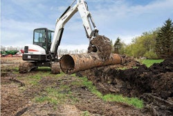 A new conventional excavator model from Bobcat, the Tier 4 Interim-compliant E55 has an in-track swing frame that keeps swing castings and cylinders within the width of the tracks when working the boom in an offset position. Drive motor covers are inset within motor wrap-arounds to protect them from damage.