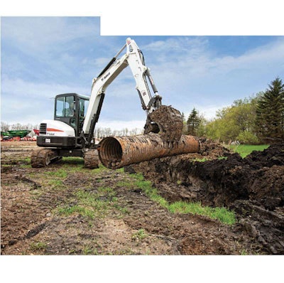 A new conventional excavator model from Bobcat, the Tier 4 Interim-compliant E55 has an in-track swing frame that keeps swing castings and cylinders within the width of the tracks when working the boom in an offset position. Drive motor covers are inset within motor wrap-arounds to protect them from damage.