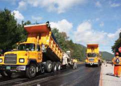Pike Industries’ Terex Cedarapids and Cat AP-1055D pavers place highly modified asphalt (HiMA) mix on U.S. 7 in Danby, Vt.