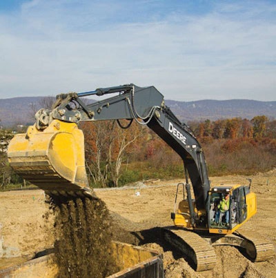 The 350G LC excavator’s high-productivity mode answers the demand of North American customers for excavators that can load more trucks in a day, says John Deere. To assist the operator, the updated cab has more glass and lighting.