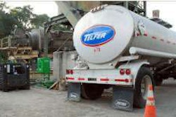 In central California, terminal blend of rubberized asphalt liquid is injected into production of warm mix asphalt