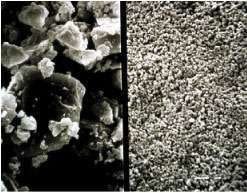 Interaction of cement grains (left) and microsilica fume (right) takes place at the nanoscale.