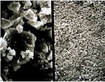 Interaction of cement grains (left) and microsilica fume (right) takes place at the nanoscale.