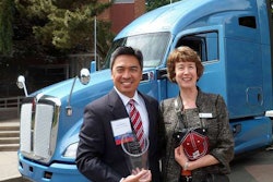 Shown in front of the new Kenworth T680 are, from left, Reid Nabarrete, Kenworth assistant general manager for operations, and Jean Jacoby, associate dean of the College of Science and Engineering at Seattle University. Nabarrete recently accepted a special award on Kenworth’s behalf in recognition of Kenworth’s long-time, ongoing support of the university’s Project Center