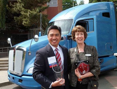 Shown in front of the new Kenworth T680 are, from left, Reid Nabarrete, Kenworth assistant general manager for operations, and Jean Jacoby, associate dean of the College of Science and Engineering at Seattle University. Nabarrete recently accepted a special award on Kenworth’s behalf in recognition of Kenworth’s long-time, ongoing support of the university’s Project Center