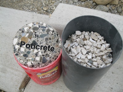 Poticrete shown side by side with the recycled toilet pieces used in mix
