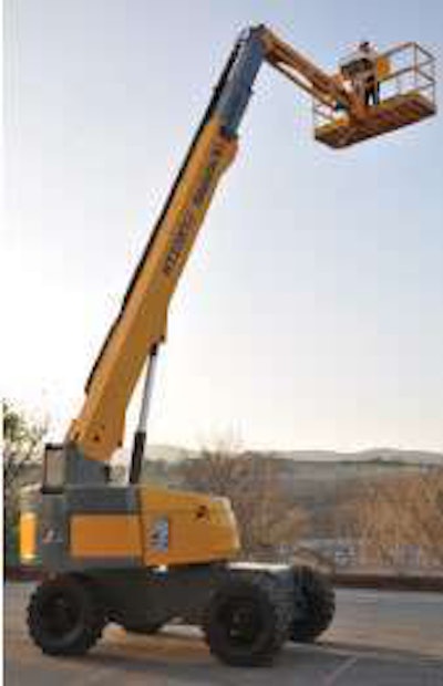 Haulotte previewed its HT23RTJ rough-terrain telescopic boom. The machine will be available in October 2012 in North America. The boom can reach full height in 53 seconds and comes with three steer settings: two-wheel steer, four-wheel steer and crab.
