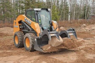The Case SV300 skid steer performs lift-and-carry applications.