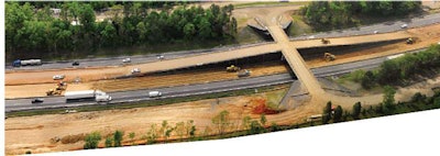 A temporary overpass over I-85 leads to temporary median onramps for roadbuilders and equipment.