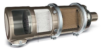 In a combination DOC/DPF, exhaust first enters the DOC where catalysts react with the gas to reduce carbon monoxide, hydrocarbons and some particulate matter. The gas then enters the DPF which traps most of the remaining particulate matter.