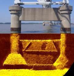 Mosaic created from two elevation images taken from sonar deployed on pier-mounted bracket system