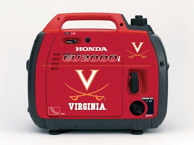 Collegiate Skinit Kits are available to show college team spirit on the ESPN Plus Honda Generator Giveaway prize, a Honda EU2000i Super Quiet Series generator. Pictured is a Skinit Kit featuring logos and graphics from the University of Virginia.